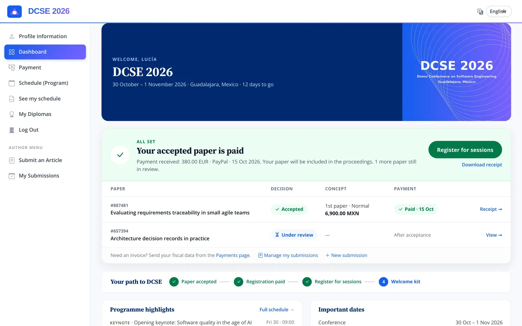Author dashboard: accepted paper paid through PayPal, a second paper under review, and the path to the conference.