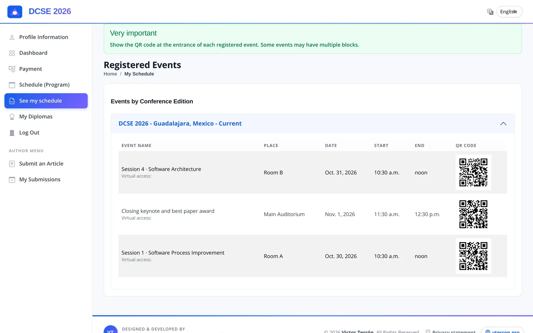 Registered sessions, each with its own QR code for attendance.