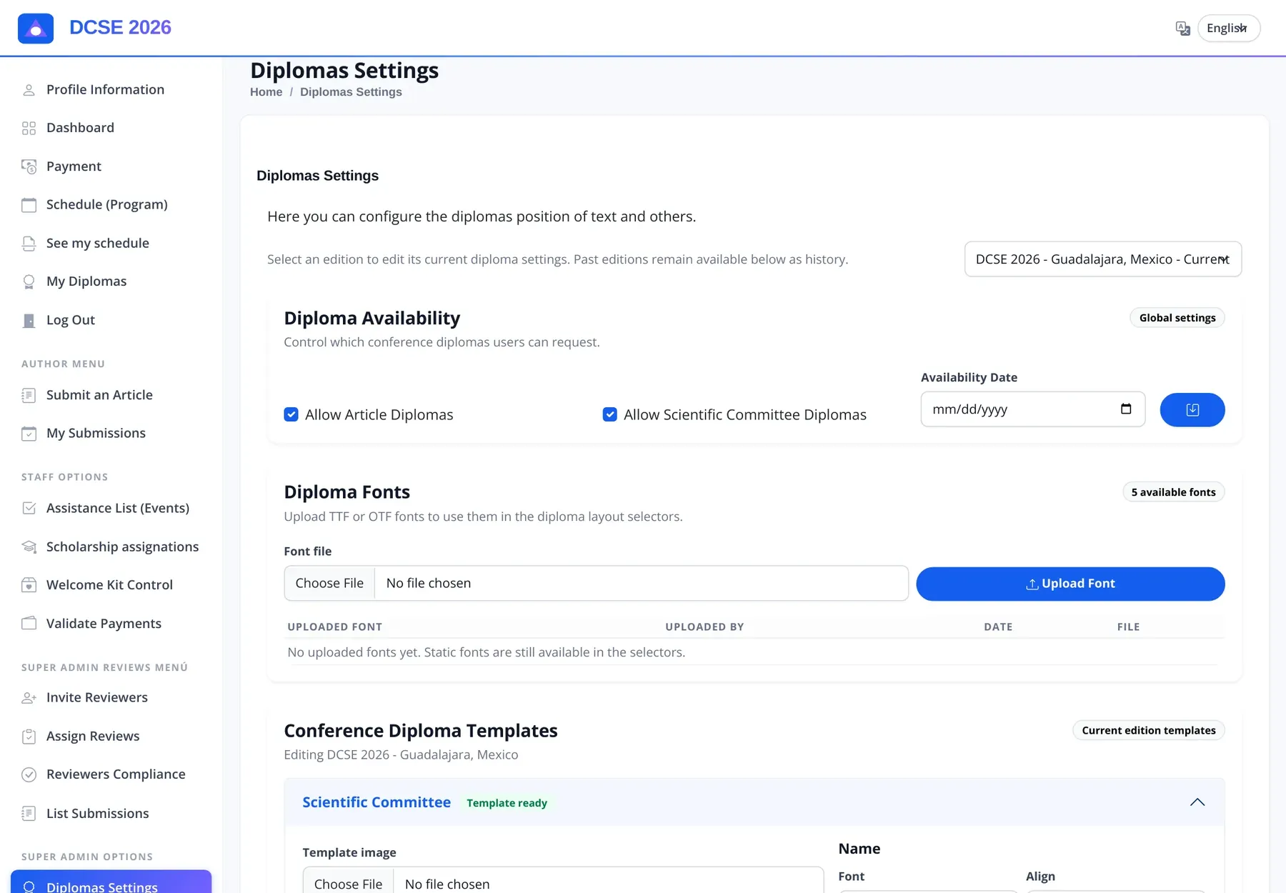 Certificate availability, uploaded fonts and templates per edition and certificate type.
