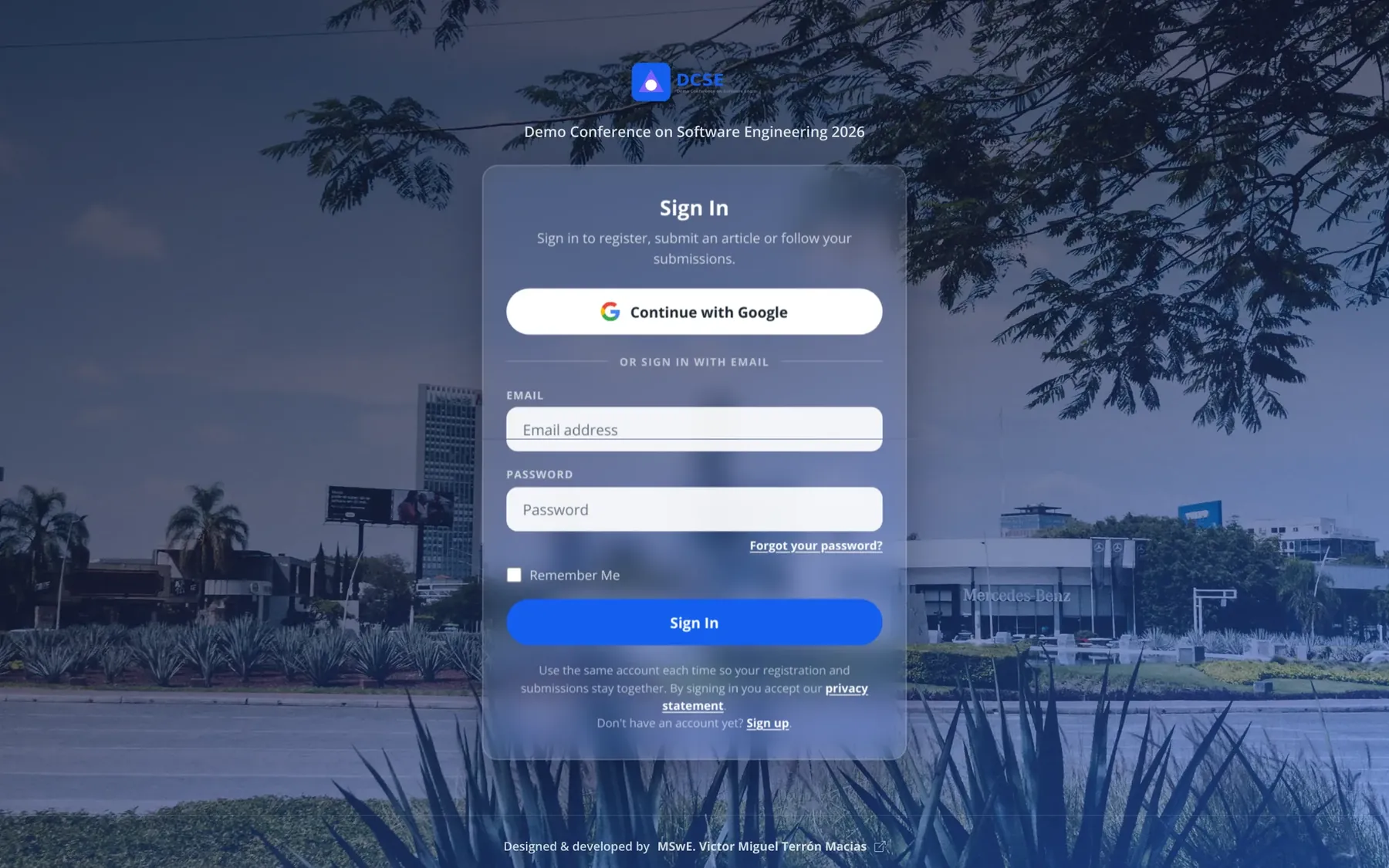 Sign-in page with Google or email and password, over a photo of the conference city.