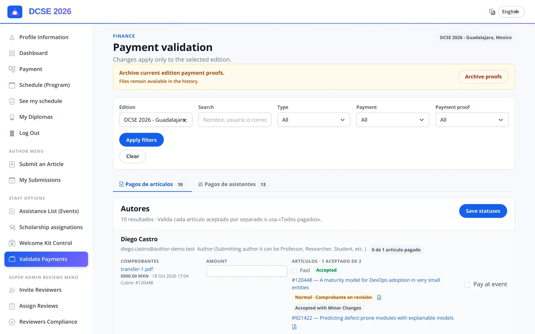 Payment validation by paper and attendee, with proofs, amounts and status.