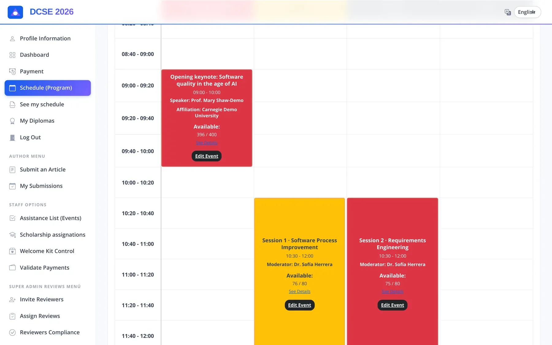 Conference schedule by day and room, with speaker, affiliation and available seats.