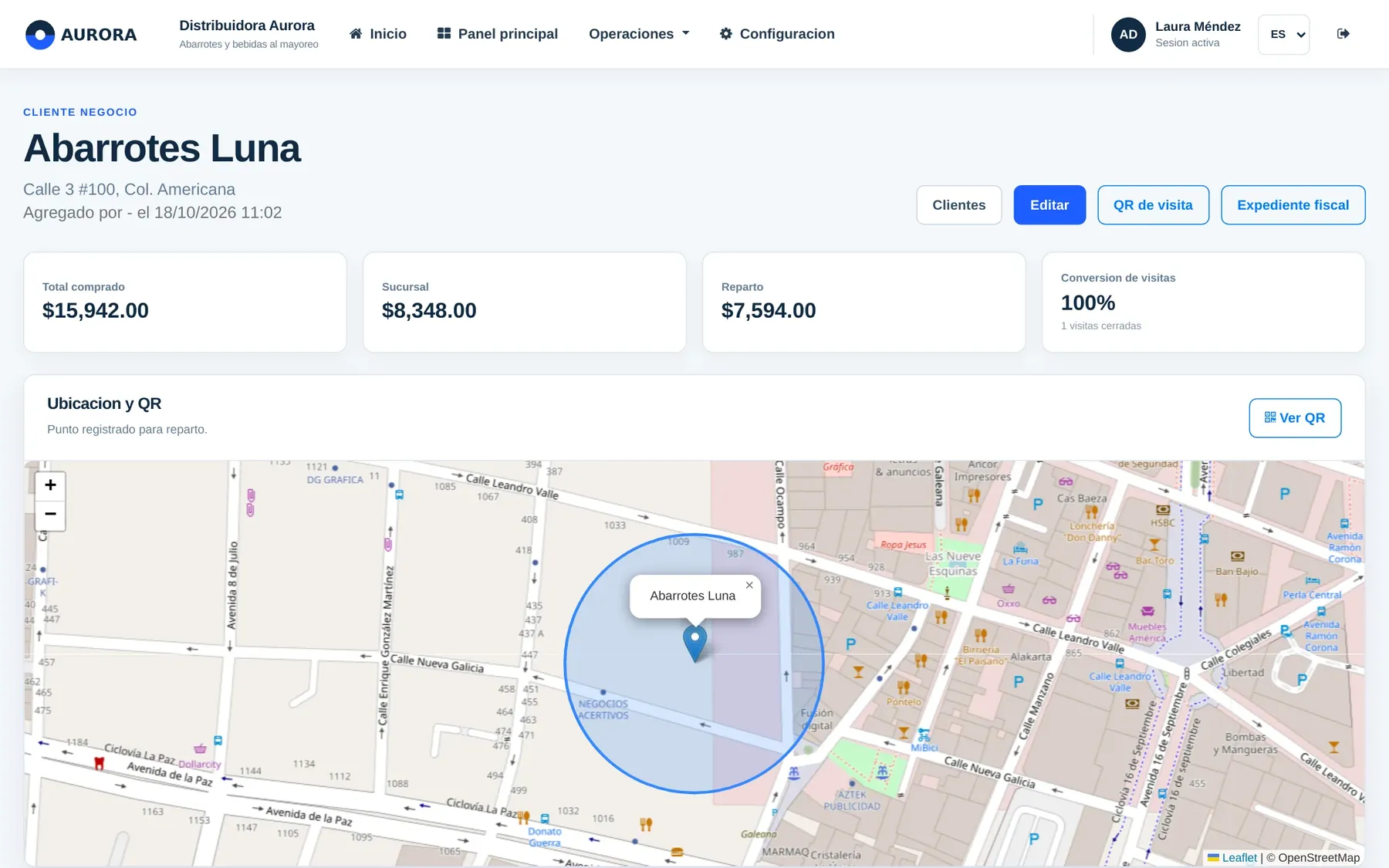 Customer file: totals by channel, visit conversion and the delivery point with its allowed radius on the map.