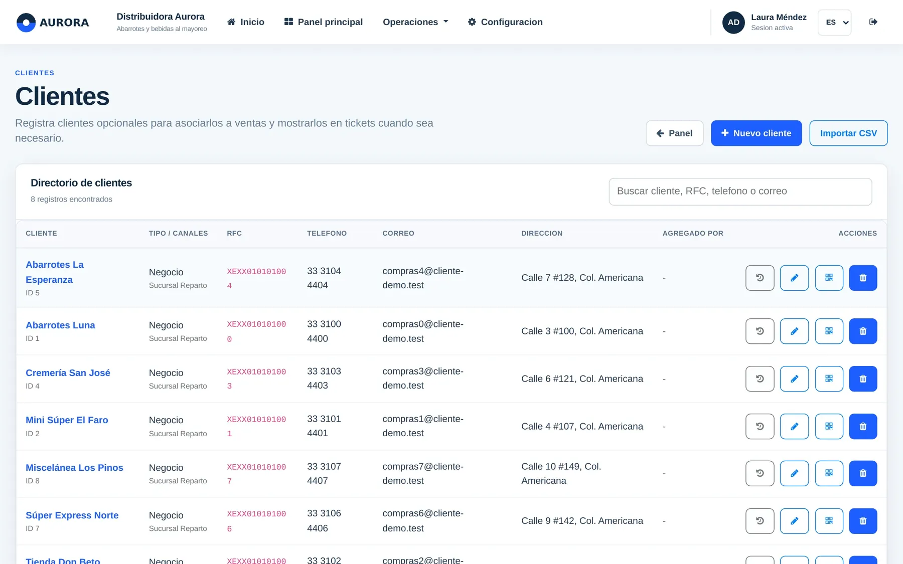 Directory with type, channels, RFC, phone, email and address; quick actions per customer.