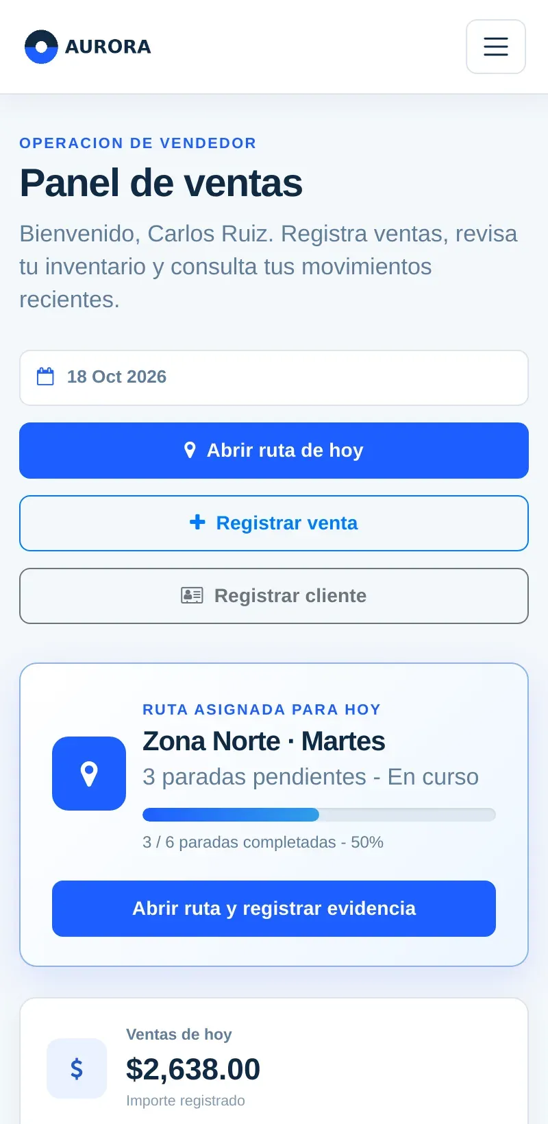 The route seller's home screen on the phone.