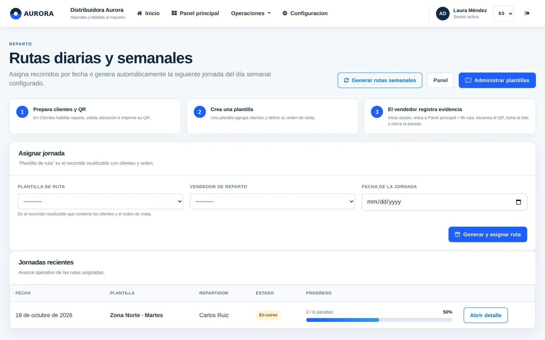 Assign a template, a route seller and a date; follow the progress of every route day.