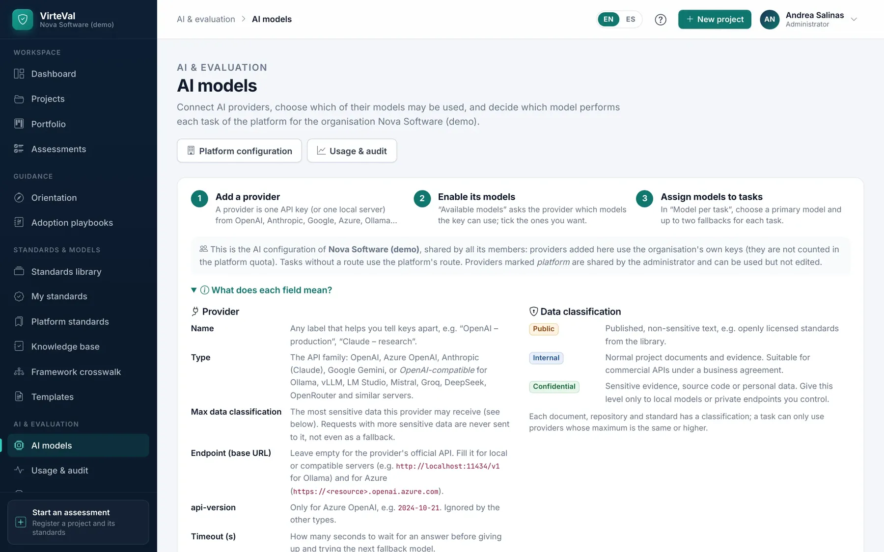 Providers, data classification and model routes per task for the organisation.