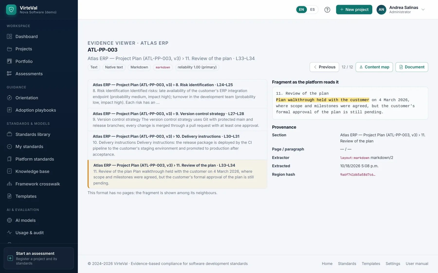 The quoted passage highlighted in the project plan: the customer agreed scope, but formal approval is still pending, so the rule is only partly met.