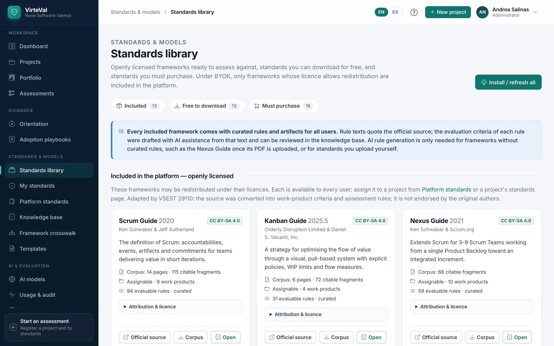 Openly licensed frameworks included, free downloads and frameworks you buy, with their corpus and assessable rules.
