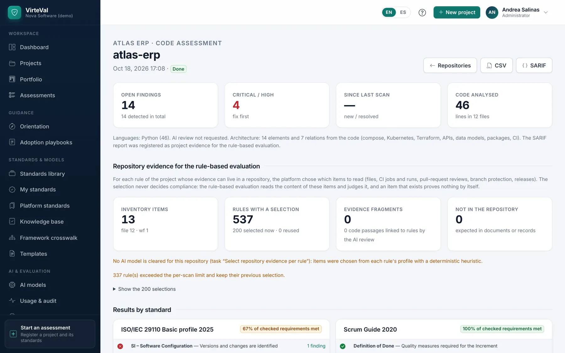 Code assessment: 14 findings (4 critical or high), 537 rules with repository evidence selected.
