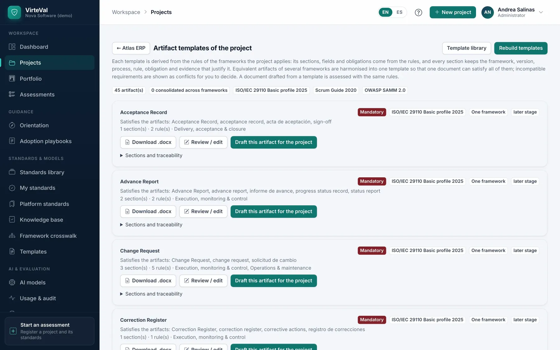 45 artifact templates for the project's frameworks, each with its sections, rules and traceability.
